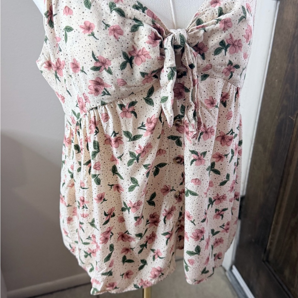 Zenobia Floral Tie Front Cami Top Smocked Back Button Front